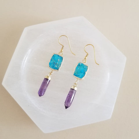 Gold Amethyst and Turquoise Dangle Earrings, Handmade Gemstone Jewelry