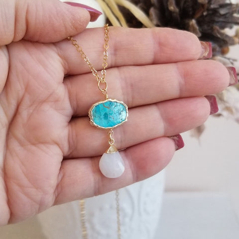 Turquoise and Moonstone Pendant Necklace, Boho Stone Necklace, Gold Stainless Steel