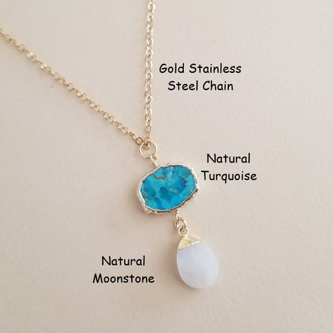 Turquoise and Moonstone Pendant Necklace, Boho Stone Necklace, Gold Stainless Steel