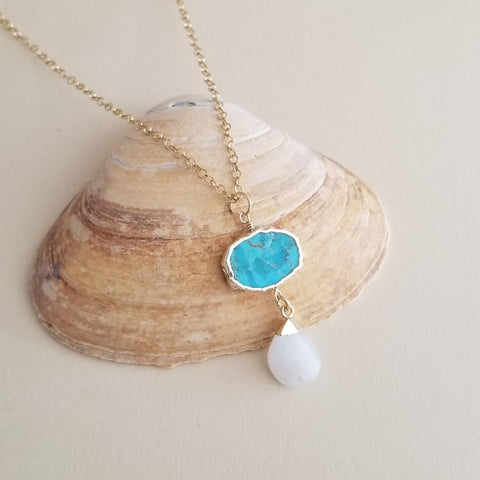 Turquoise and Moonstone Pendant Necklace, Boho Stone Necklace, Gold Stainless Steel