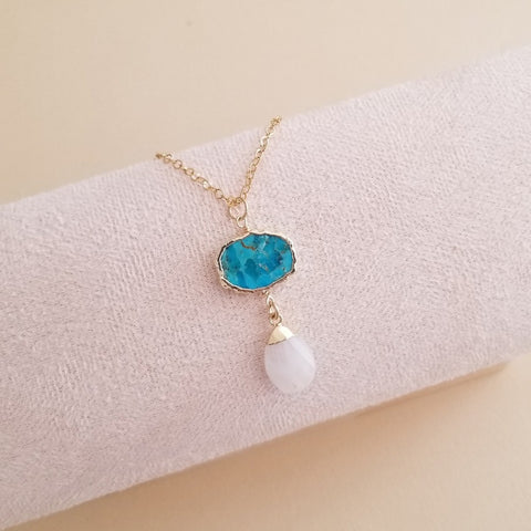 Turquoise and Moonstone Pendant Necklace, Boho Stone Necklace, Gold Stainless Steel