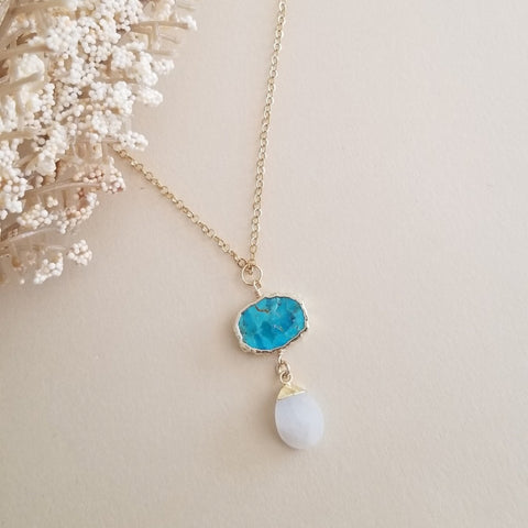 Turquoise and Moonstone Pendant Necklace, Boho Stone Necklace, Gold Stainless Steel