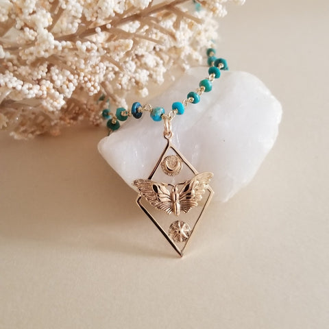 Turquoise Necklace, Moth Sun and Moon Pendant Necklace, Transformation Jewelry