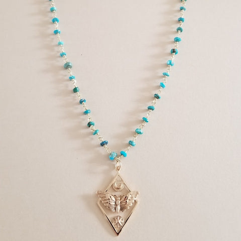 Turquoise Necklace, Moth Sun and Moon Pendant Necklace, Transformation Jewelry, Handmade Bohemian Jewelry