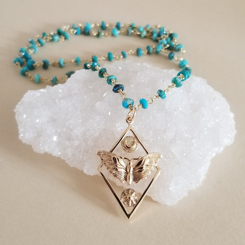 Turquoise Necklace, Moth Sun and Moon Pendant Necklace, Transformation Jewelry