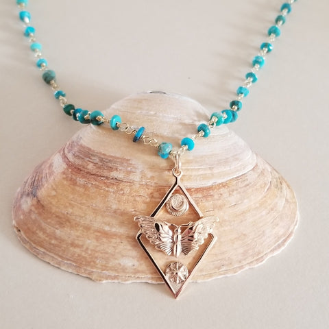 Turquoise Necklace, Moth Sun and Moon Pendant Necklace, Transformation Jewelry, Gift for Her