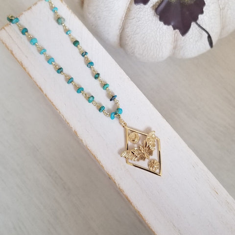 Turquoise Necklace, Moth Sun and Moon Pendant Necklace, Transformation Jewelry, Handmade Necklace for Women