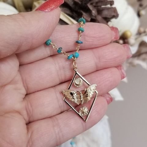 Turquoise Necklace, Moth Sun and Moon Pendant Necklace, Transformation Jewelry