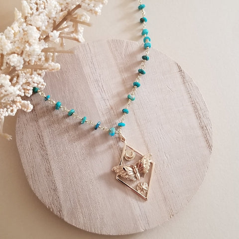 Turquoise Necklace, Moth Sun and Moon Pendant Necklace, Transformation Jewelry