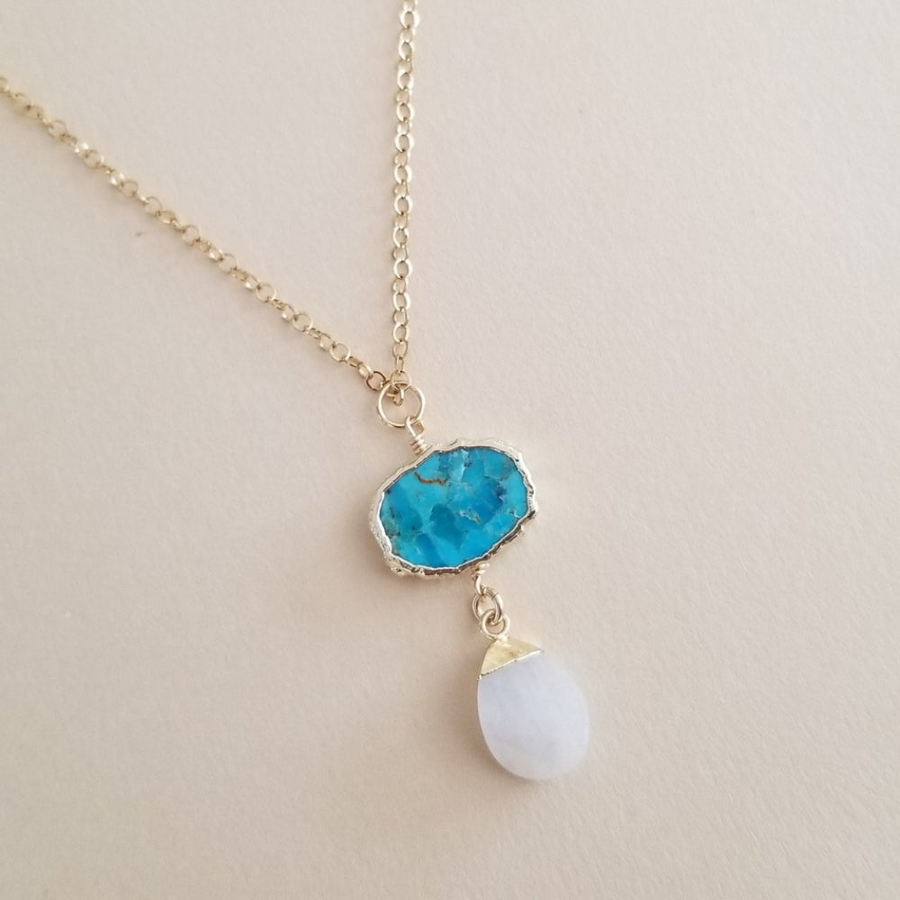 Turquoise and Moonstone Pendant Necklace, Boho Stone Necklace, Gold Stainless Steel