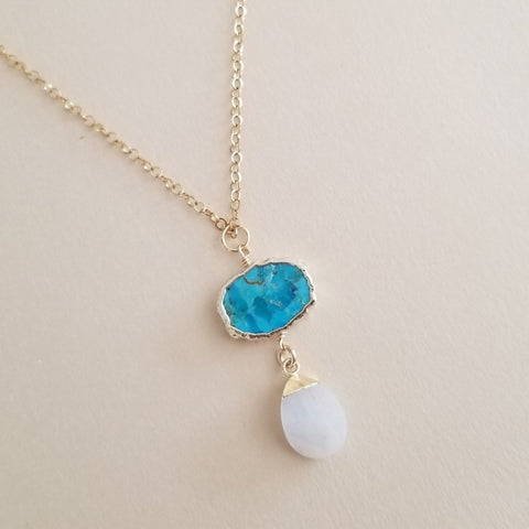 Turquoise and Moonstone Pendant Necklace, Boho Stone Necklace, Gold Stainless Steel