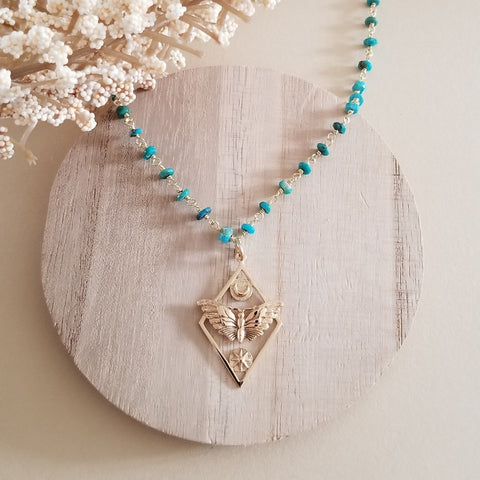 Turquoise Necklace, Moth Sun and Moon Pendant Necklace, Transformation Jewelry
