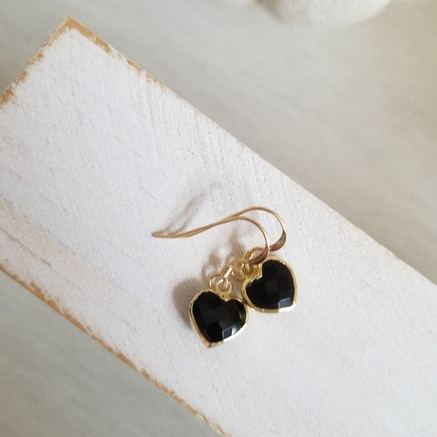 Ultra Dainty Black Onyx Heart Earrings, Gift for Her