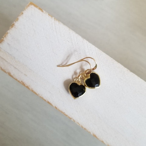 Ultra Dainty Black Onyx Heart Earrings
