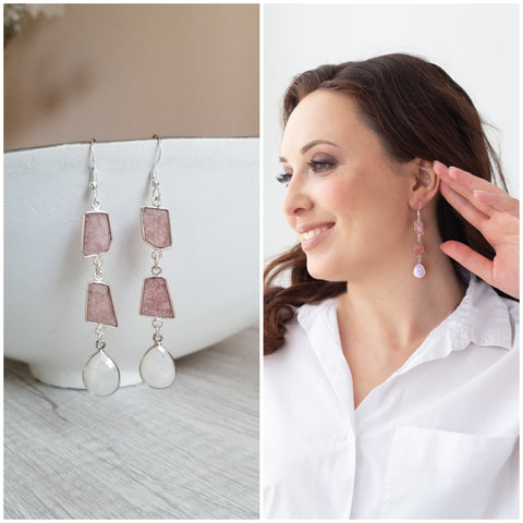 Long Moonstone and Strawberry Quartz Earrings, Gem Drop Earrings for Women