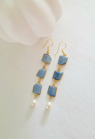 Blue Opal Earrings, Bride Earrings, Long Gold Blue Opal and Pearl Earrings, Something Blue, Wedding Day Earrings, Statement Earrings