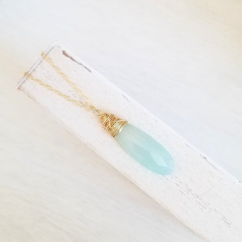 Long Aqua Chalcedony Pendant Necklace, Sterling Silver or 14K Gold Filled