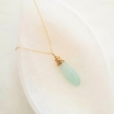 Long Aqua Chalcedony Pendant Necklace, Sterling Silver or 14K Gold Filled