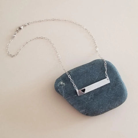 Silver Bar Necklace with Cut-Out Heart – Minimalist and Meaningful Jewelry Gift