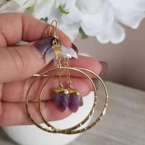 Gold Amethyst and Moonstone Hoop Earrings