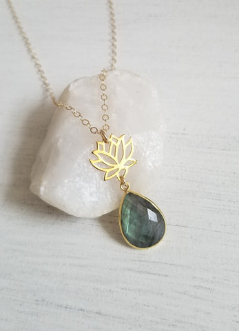 Gold Lotus Flower Necklace with Labradorite Gemstone, Labradorite Pendant Necklace