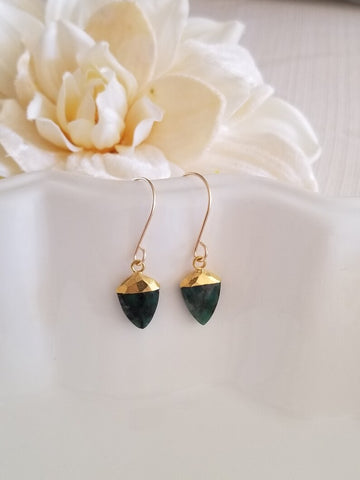 Gold Emerald Earrings for Women, Dainty Raw Emerald Dangling Earrings, May Birthday Gift, Handmade Earrings
