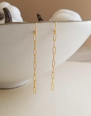 Long Gold Earrings, Paperclip Chain Earrings, Gold or Sterling Silver