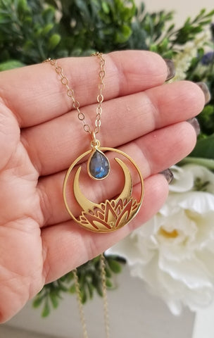 Bohemian Lotus Moon Labradorite Pendant Necklace