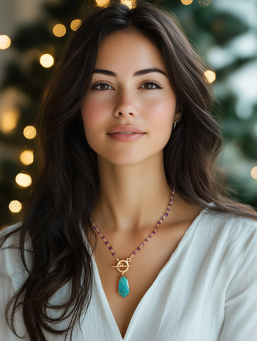 Handmade Amethyst Front Toggle Necklace with Turquoise Pendant, Boho Chic