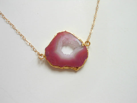 pink geode necklace-raw stones-druzy crystals