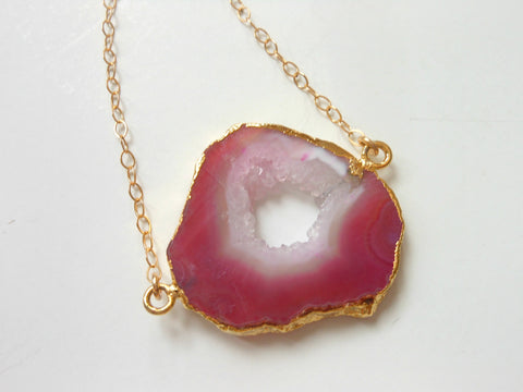 raw druzy necklace-pink geode necklace in gold fill