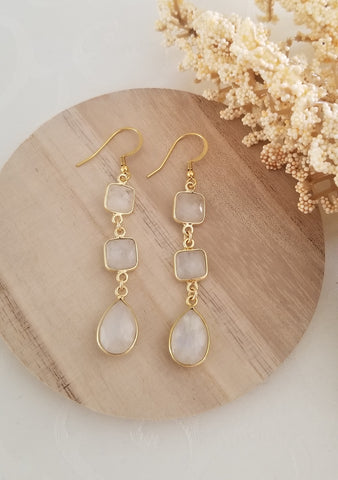 Long Gold Moonstone Drop Earrings for Women