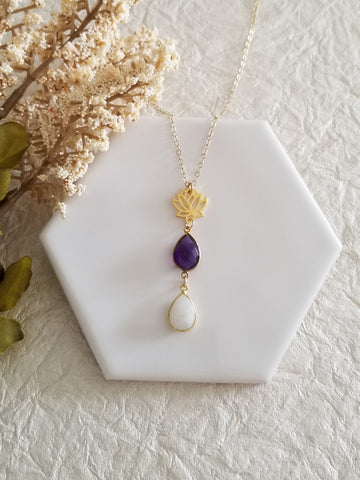 Gold Lotus FLower Necklace, Amethyst and Moonstone Pendant, Boho Stone Necklace, Statemetn Necklace