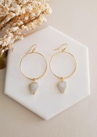 Bohemian Hoop Earrings, Moonstone Dangle Earrings, Gold Hoops
