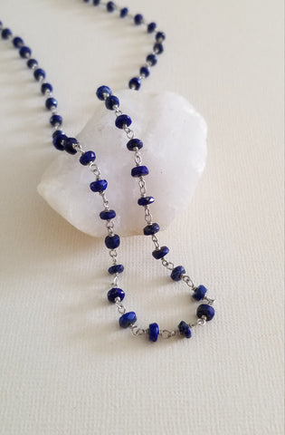 Dainty Lapis Lazuli Beaded Chain Necklace, Layering Necklace