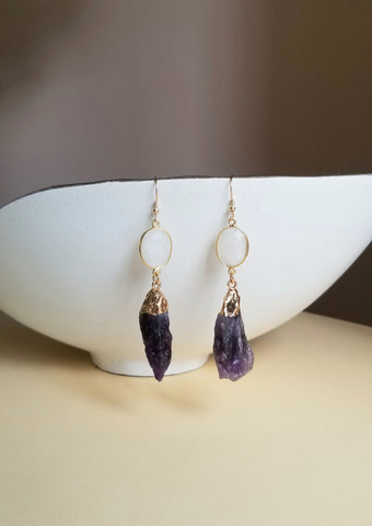 Bohemian Amethyst and Moonstone Dangle Earrings, Long Crystal Earrings