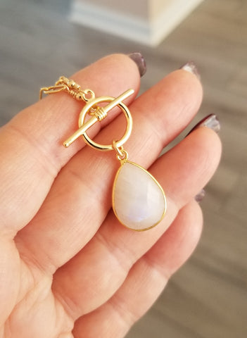 Moonstone Teardrop Necklace, Paper Clip Chain with Toggle Clasp