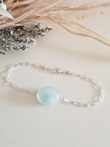 Aquamarine Bracelet for Women, Paperclip Chain Bracelet, Silver or Gold