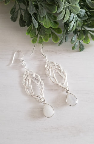 Bride Earrings, Long Moonstone Earrings, Crystal Dangle Earrings, Silver Wedding Earrings, Statement Earrings for Bride, Handmade Bridal Jewelry