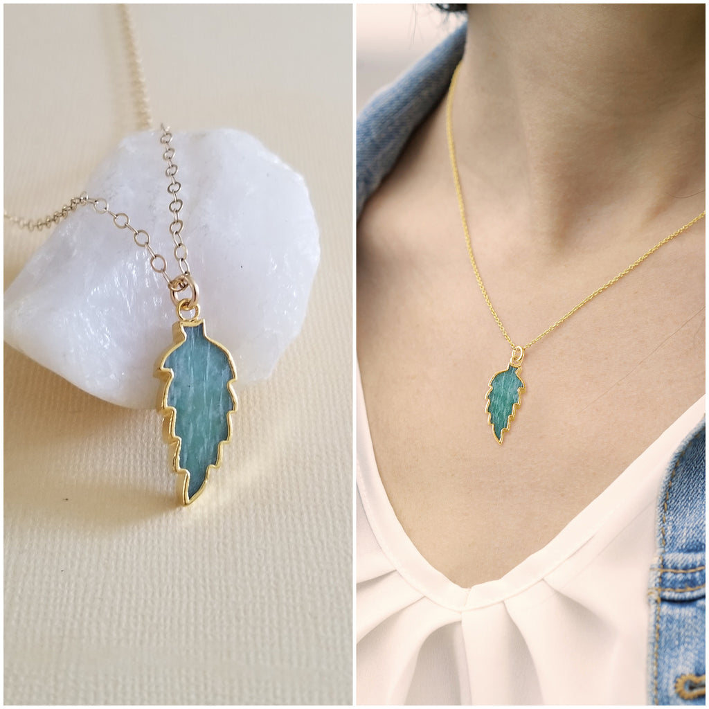 Amazonite Necklace, Leaf Pendant, Amazonite Charm Necklace, Dainty Gold Chain, Gift for Her, Balancing Crystal, Amazonite Jewelry
