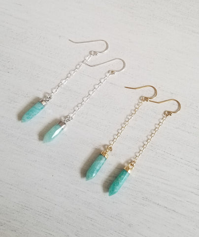 Long Chain Earrings with Amazonite Crystal Spike Stone