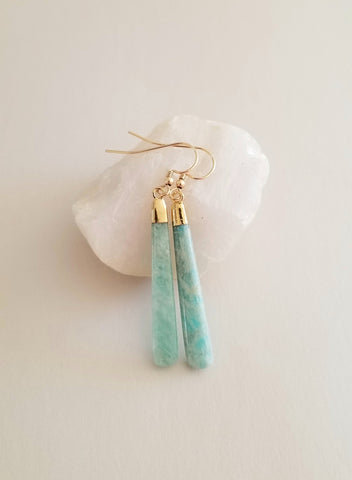 Beautiful Natural Amazonite Earrings, Long Stone Earrings for Women