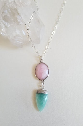 Boho Arrow Pendant, Pink Opal and Amazonite Necklace, Gift for Her