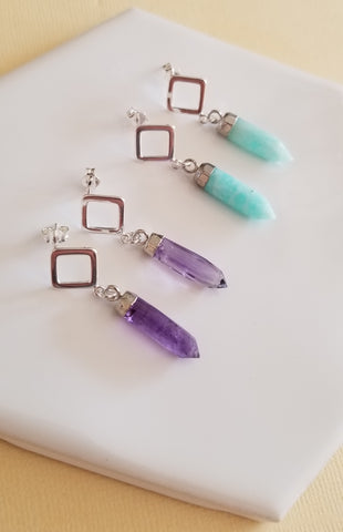 Sterling Silver Amethyst or Amazonite Earrings, Lightweight Gemstone Earrings for Women