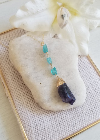 Amethyst Crystal Pendant, Boho Necklace for Women, Apatite Crystal Necklace