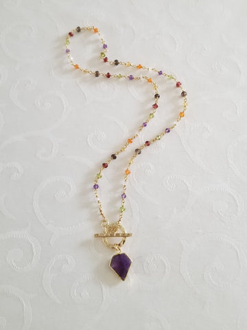 Gold Front Toggle Necklace, Multi Gemstone Beaded Chain Necklace with Amethyst