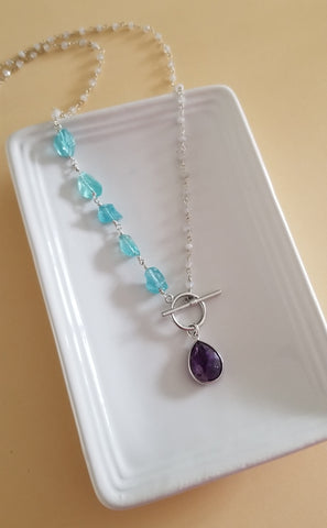 Raw Blue Apatite and Amethyst Stone Necklace, Beaded Moonstone Chain