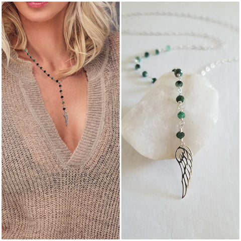Emerald Y Necklace, Sterling Silver Angel Wing Center Drop Necklace
