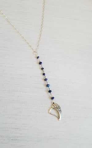 Long Lapis Lazuli and Angel Wing Pendant Necklace