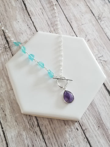 Raw Blue Apatite Stone Necklace, Amethyst Pendant Necklace, Rough Stone Necklace, Boho Jewelry, Gemstone Statement Necklace